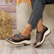 女士时尚舒适前拉链装饰一脚蹬防滑轻便休闲户外运动厚底坡跟鞋 - 棕色 - 查看 8