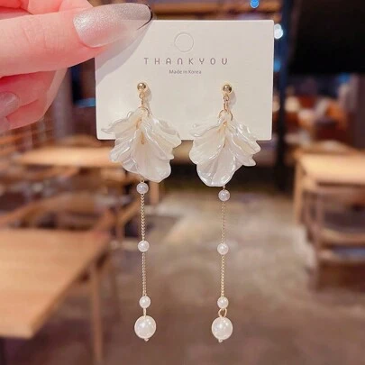 1 Pair Acrylic Leaf Tassel Faux Pearl Long Earrings, Stylish Casual Chain Dangle Earrings For Women, Fashionable For Dates