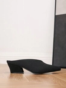 Klassieke muiltjes met puntige neus, dikke hakken, elegant en comfortabel voor op kantoor en tijdens de vakantie, dames zwarte gestreepte stof en PU, hoge hakken zonder achterkant, asymmetrische hakken