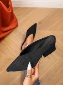Klassieke muiltjes met puntige neus, dikke hakken, elegant en comfortabel voor op kantoor en tijdens de vakantie, dames zwarte gestreepte stof en PU, hoge hakken zonder achterkant, asymmetrische hakken
