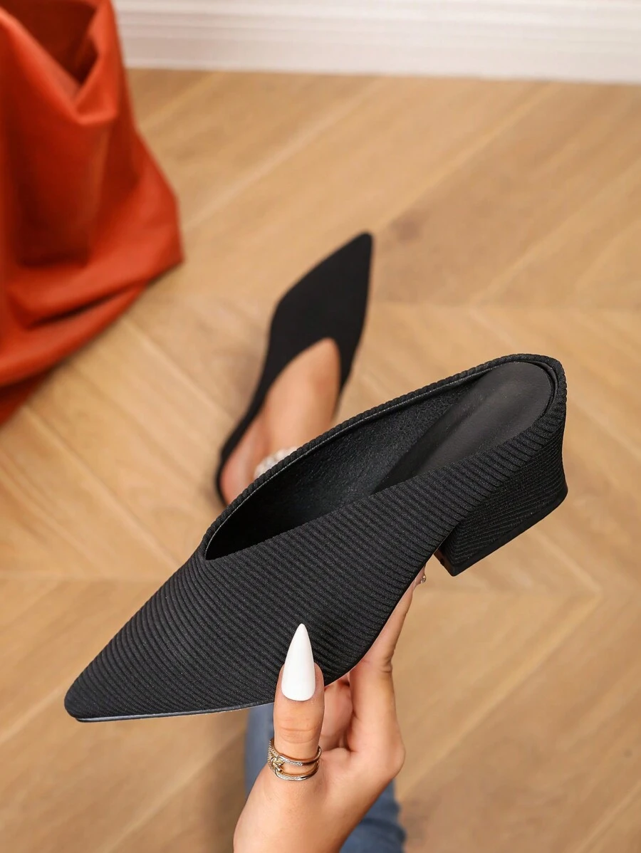 Klassieke muiltjes met puntige neus, dikke hakken, elegant en comfortabel voor op kantoor en tijdens de vakantie, dames zwarte gestreepte stof en PU, hoge hakken zonder achterkant, asymmetrische hakken