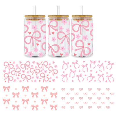 4pcs Pink Bowknot Ribbon Bow Heart UV Dtf Cup Wraps Transfer Sticker For Cup Mug Watter Bottle Tumbler Laptop Furniture Phonecase Waterproof & Scratch-Resistent UVDtf Cup Wraps Decal For Libbey Glass Cup DIY Craft Decorations Rub On Transfers Stickers For 16 Oz Libbey Glasses Crafting Back To School