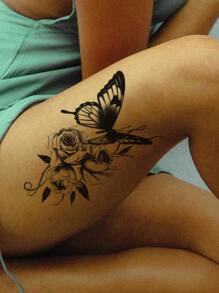 1 miếng dán hình xăm tạm thời hình hoa hồng bướm gợi cảm, hình xăm giả không thấm nước cho eo, đùi, cánh tay, ngực, lưng, nghệ thuật cơ thể dành cho cả nam và nữ - màu đen - Xem 3