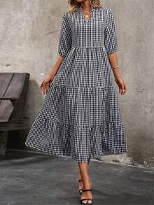 Polyester Fabric Pleated Texture Mid-Length Plaid Round Neck Elegant Casual A-Line Hem Short Sleeve Dress - Black - View 2