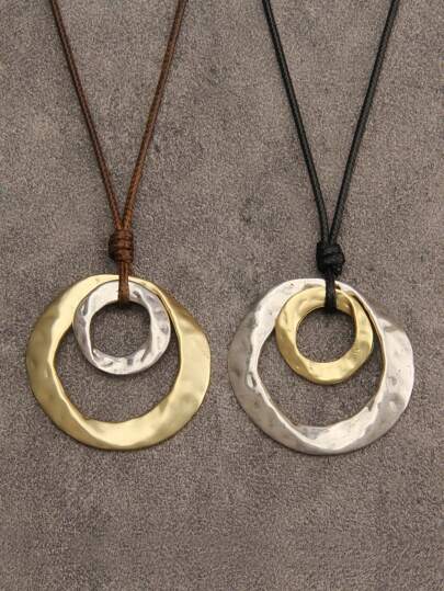 1pc Fashionable Luxury Minimalist Mixed Geometric Golden & Silver Asymmetrical Twist Pattern Double Ring Alloy Pendant Necklace, Wax Cord Knotted Long Chain, Gift For Mother Or Girlfriend