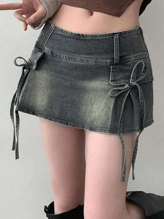 2025 A字裙夏季女装新款蝴蝶结吊带牛仔短裙短裤
