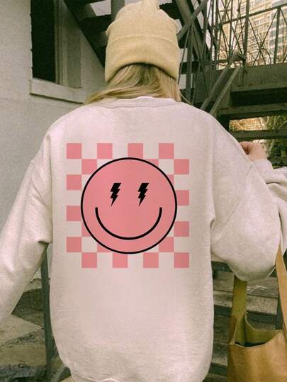 Women's Fashionable Cute Smiling Face Print Crew Neck Long Sleeve Top, Stylish & Comfortable, Spring/Autumn New Arrival - Discover The Stylish And Comfortable Women's Crew Neck Sweatshirt, Seamlessly Transitioning From Casual Home Wear To Outdoor Travel.