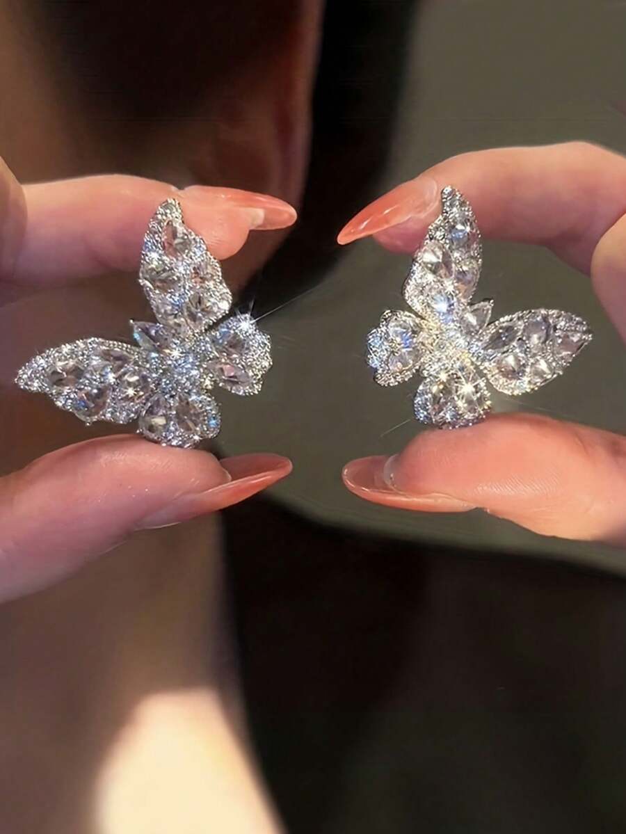 1 对复古水晶蝴蝶耳钉，方晶锆石蝴蝶水钻耳环，闪亮密镶水晶银色耳环，适合女士 - 銀色 - 查看 1