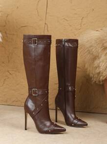 2025 秋冬性感时尚皮带金属扣铆钉装饰尖头 4.7 英寸高跟鞋及膝休闲百搭拉链靴，咖啡色、棕色靴子 - 咖啡棕 - 查看 7