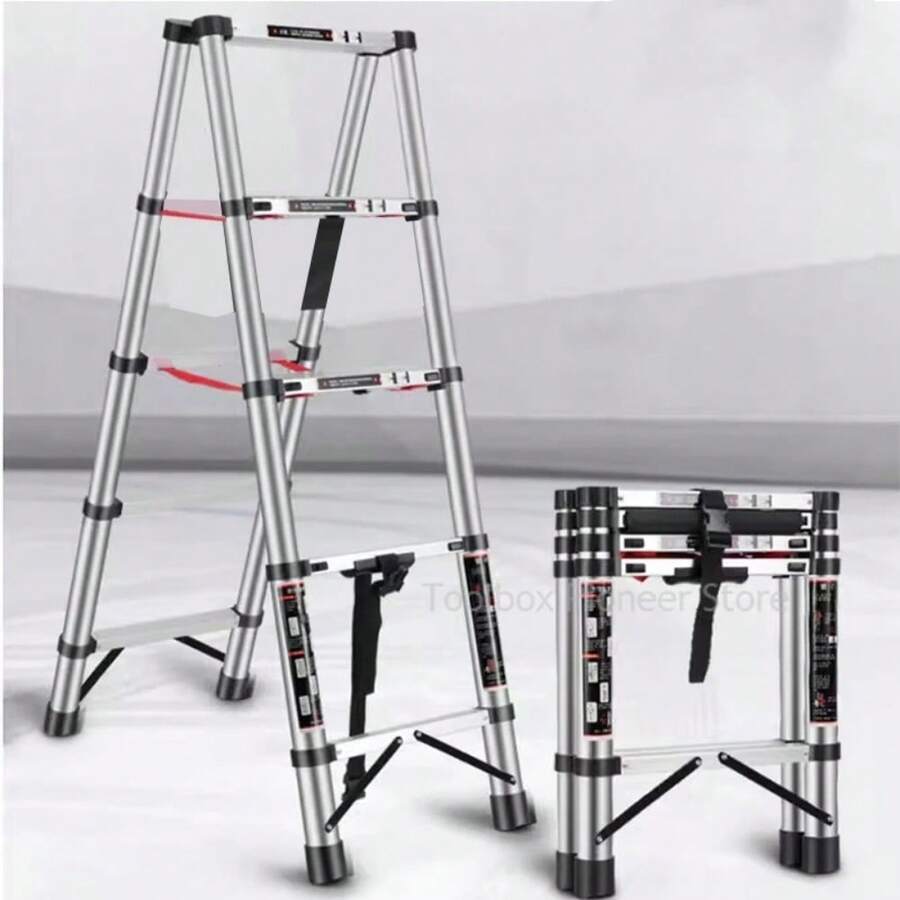 1.4+1.4M Ladder Folding Stainless Steel Ladders Telescopic Ladder Scaffolding Ladder For Home Household Foldable Stairs - 1.4x1.4m-無袋 - 查看 1