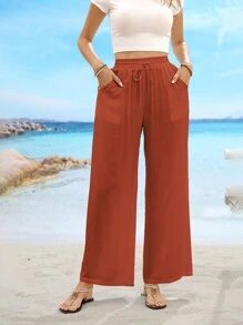 Pantalones rectos informales con bolsillo sesgado y cintura con cordón - Naranja - Ver 3