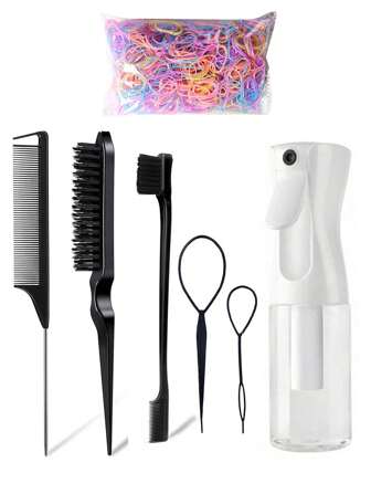 Zestaw szczotek do włosów 7 szt./zestaw, zawiera gumki do włosów, spray 1000 ml, grzebień do tapirowania, szczotkę do brwi, grzebień ze stalowymi igłami do stylizacji włosów dla dziewcząt