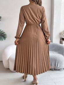 Autumn Elegant V-Neck Lace Trim Dress Wrap Waist Flowy Midi With Pleated Skirt  Long Sleeves Solid Color Khaki Wedding Dress - 卡其色 - 查看 2