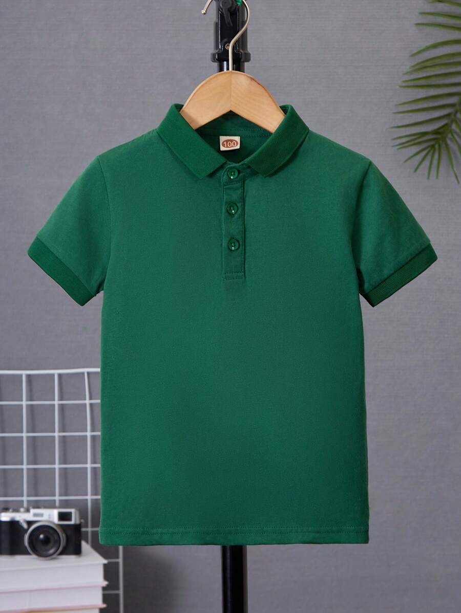 中性嬰兒純棉素色短袖 Polo 衫,薄款修身舒適學院風 T-shirt,簡約優雅兒童基礎穿搭 - 墨綠色 - 查看 1