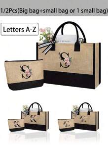 1Pc/2Pcs,Flower Letter Pattern,Initial Jute/Canvas Tote Bag Comes With A Makeup Bag, Personalized Present Bag, Suitable For Wedding, Birthday, Beach, Holiday,School Bag , Is A Great Gift For Women, Mom, Teachers, Friends, Bridesmaids,Student ,Large Bag , Back To School ,Simple Large-Capacity Handbag, Portable Casual Storage Tote Bag, Best Teacher Gift - Khaki - View 1