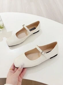 大码女式 41-43 法式玛丽珍平底鞋，复古方头单带优雅仙女风格 - 白色 - 查看 5