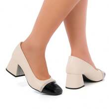 Di Valerina Women's Pumps Doll Shoes Thick Heel Square Toe Rhinestone - Blanco y Negro - Ver 2