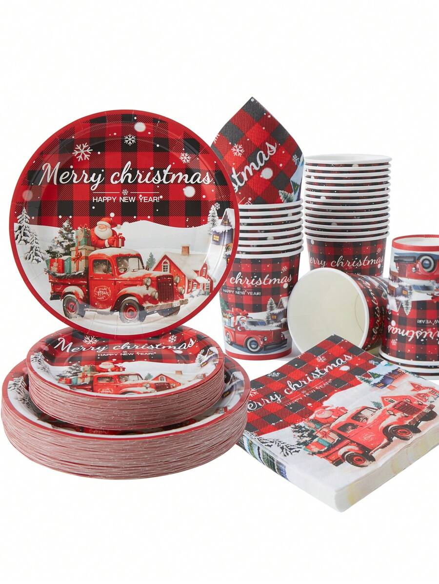 Red & Black Plaid Car Santa Claus Disposable Plates, Napkins, Cups - 7/9 Inch Christmas Holiday Disposable Plates & Napkins & Cups Set, Party Favor Disposable Paper Plates Napkins Cups For Party Supplies, Suitable For Holiday Party Decoration & Party Dining - Multicolor - View 1