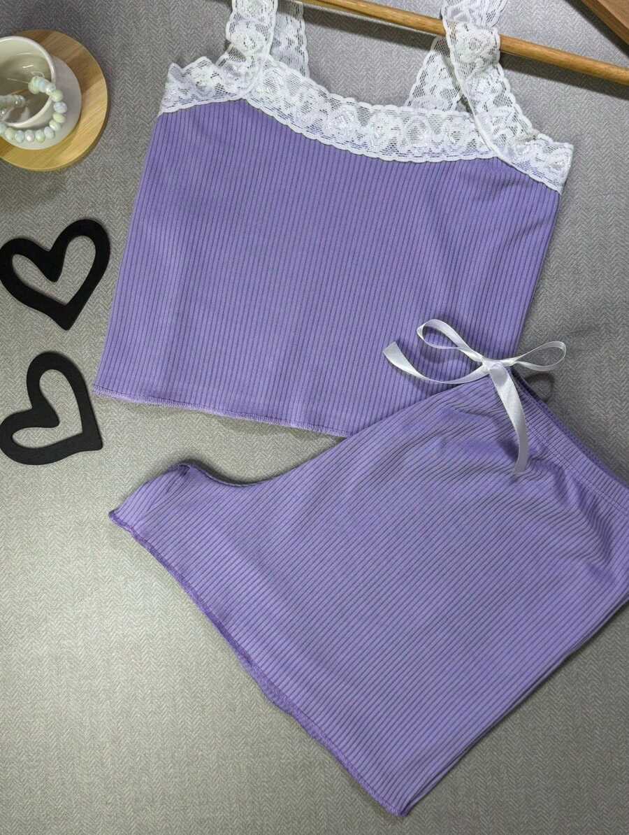 Women's Lace BabyDoll Cropped Summer Comfortable Suede Ribbed - 紫丁香色 - 查看 1