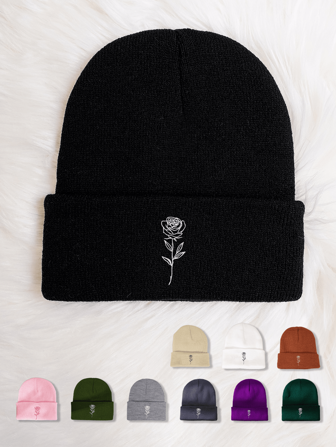 1 st stickad mössa med rosenblomma, varm stickad mössa för män, höst-/vintermössa för utomhusbruk, utan brätte, alla hjärtans dag-höstoutfit