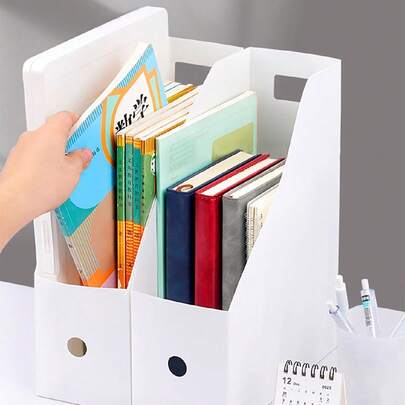 1pc White Waterproof File Storage Box, Desktop Document Organizer, Kitchen Utensil Storage Box, Cabinet Organizer Box, Thick Plastic Foldable Minimalist File Holder, Student Dorm Desk Book Rack