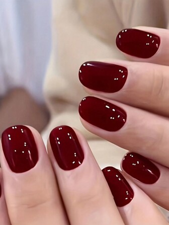 ARTAUG 24 片短方形按压指甲 - 亮面纯红色假指甲，酒红色假指甲，适合女士和女孩，新年美甲装饰美甲用品