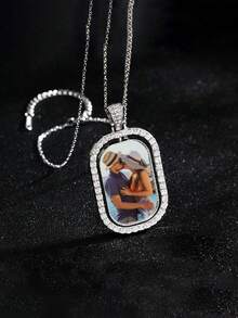 定制矩形水晶镶嵌吊坠项链，银框复古风格雕刻装饰项链，情人节送给女朋友/男朋友的礼物 - 彩色 - 查看 6