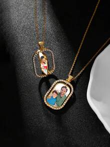 定制矩形水晶镶嵌吊坠项链，银框复古风格雕刻装饰项链，情人节送给女朋友/男朋友的礼物 - 彩色 - 查看 3