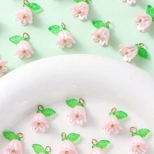 5/10/20 件亚克力珍珠铃兰花带 3D 叶子吊坠，适合 DIY 手链耳环珠宝配件 - 鈴蘭花吊墜 - 查看 3