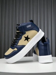 Giày thể thao đế cao cổ in chữ và hình ngôi sao thời trang dành cho nam, giày đi bộ ngoài trời thoải mái hợp thời trang - Màu xanh lam - Xem 4