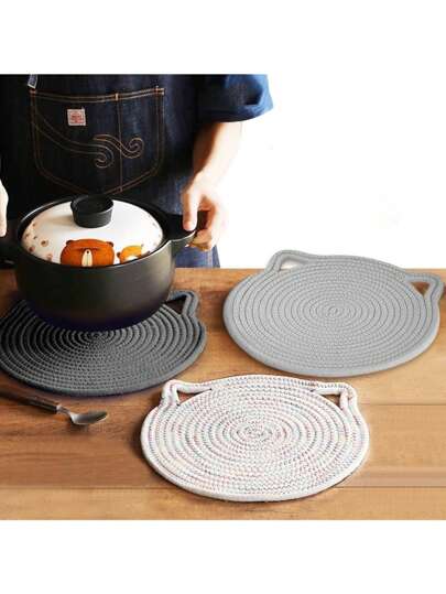 1/2pcs Creative Woven Cat Ears Pot Mat, Can Be Hung Placemat, Anti-Scalding Heat Insulation Pad Restaurant Table Decoration Kitchen Gadgets