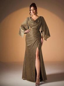 Plus Size Women High-End Evening Dress With Asymmetric Neckline, Contrast Color Fabric, Bell Sleeves And Front Slit