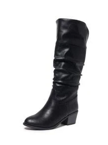 1pair Black Lace-Up Chunky Heel Mid-Calf Boots, Elegant & Versatile Autumn/Winter Boots