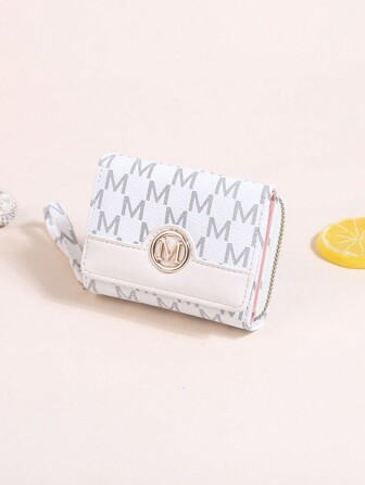时尚刺绣三折多卡位简约女士钱包带字母标志，欧美风格