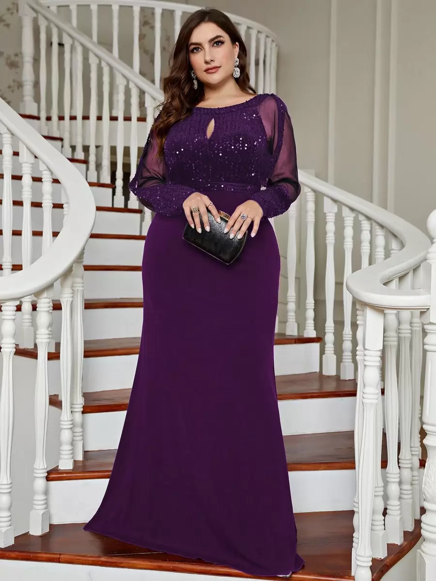 Plus Size Women's Shiny Mesh Evening Gown, Sequin Mermaid Style, Suitable For Wedding Guests, Formal Occasions - Purple - View 1