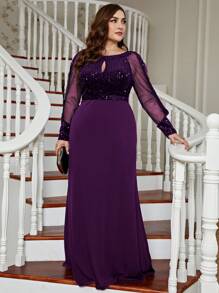 Plus Size Women's Shiny Mesh Evening Gown, Sequin Mermaid Style, Suitable For Wedding Guests, Formal Occasions - Purple - View 4