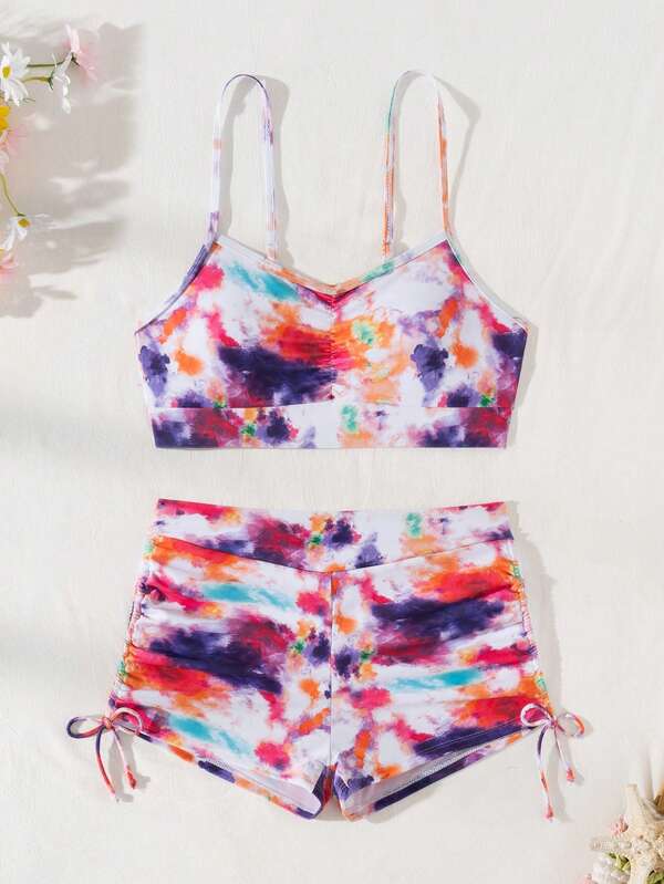 2pcs Women Vacation Ruffle Tie Dye Printed Bikini Set Summer