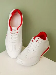 Women's Lace-Up Flat Slip-Resistant Running Shoes, Spring & Autumn, Plus Size 35-43, Hiking, Dancing, Fitness, Casual White Leather Sneakers - Red - View 4