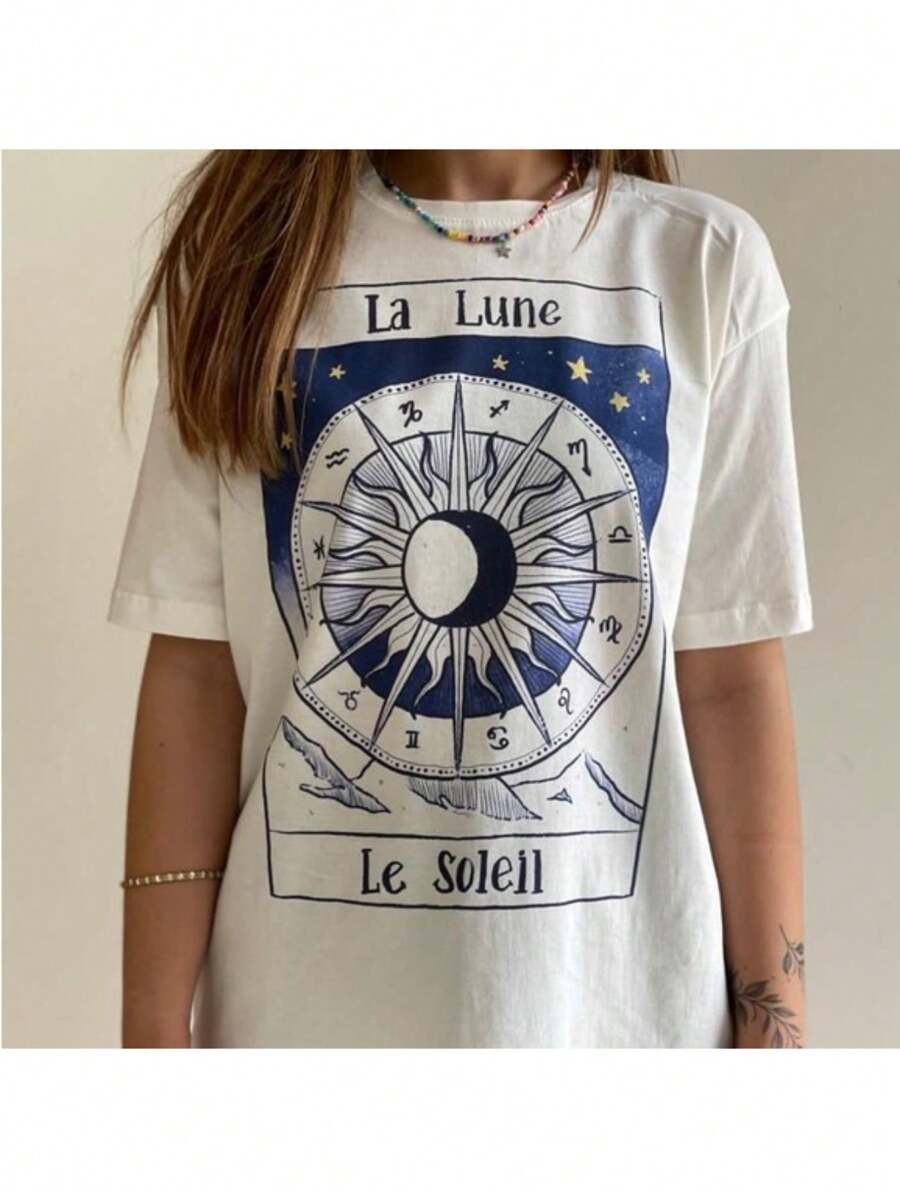 La Lune Sun Mon Sun Moon Astrology Astro Tarot T-Shirt Unisex Men Women 100% Cotton Premium Streetwear Top New Release Fast Shipping Various Colors!! Plus Size - 白色 - 查看 1