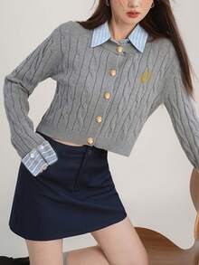 休闲条纹拼布刺绣开衫，春秋，长袖上衣 - 灰色 - 查看 4