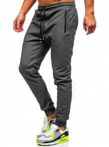 3 Pcs Men's Jogger Sweatpants With Zipped Pockets Drawstring Regular Fit Sweatpants For Running Gym Workout - 海軍藍+深灰+淺灰 - 查看 6