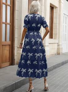 Linen Denim Dress, Long, Summer Fashion, Embroidered Coconut Tree Print, With Elastic Waistband - Rửa tối - Xem 4