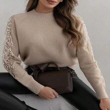 French Style Versatile Pearl Embellished Long Sleeve Crew Neck Sweater - Brown - View 3