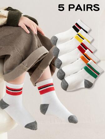 5 双儿童男孩和女孩短袜，适合春、夏、秋季，白色校服袜，条纹休闲运动袜，柔软透气，适合青少年，返校季节