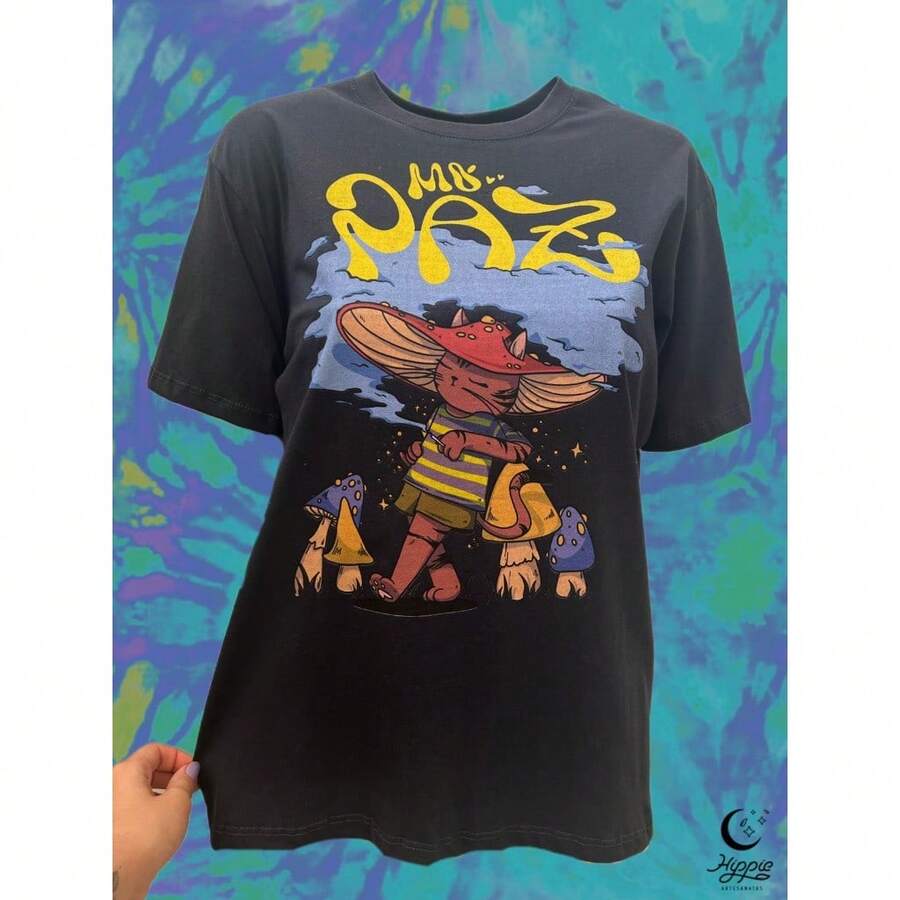 Cat T-Shirt Brisado Mushroom Sun Moon Tarot Sun Moon Unisex T-Shirt Male Female 100% Cotton Premium Top Streetwear New Release Fast Shipping Various Colors!! Plus Size - 黑色 - 查看 1