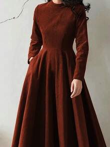 Women's Autumn Plain Color Round Neck Long Sleeve Pocketed Dress, Elegant