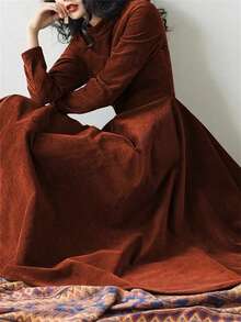 Women's Autumn Plain Color Round Neck Long Sleeve Pocketed Dress, Elegant