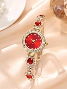 6 件装女士金色表带时尚休闲奢华水钻表盘石英表手链项链耳环戒指首饰套装适合日常佩戴或节日礼物 - 金色 - 查看 3