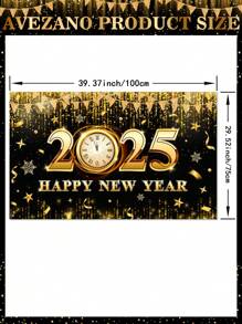 新年快乐横幅 2025 新年横幅装饰 2025 除夕背景闪光时钟新年派对横幅 180 X 110.0 厘米 - 金色 - 查看 6