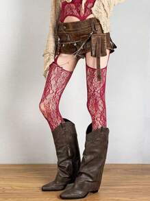 1 双女士性感深色哥特式蜘蛛网提花渔网连裤袜，适合万圣节 - 紅色 - 查看 3